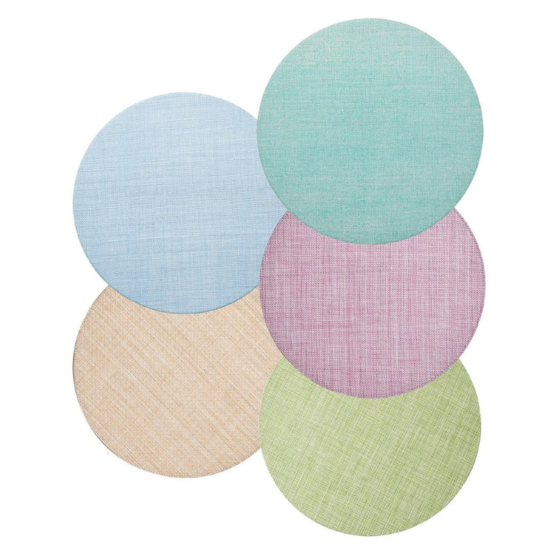Lilac woven Portofino placemat with raffia-like texture by Kim Seybert in different colours.