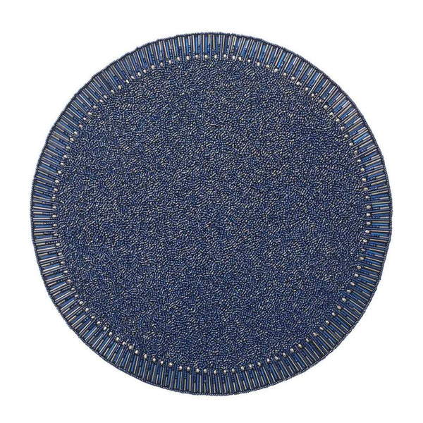 Cobalt blue beaded placemat with pavé design by Kim Seybert.