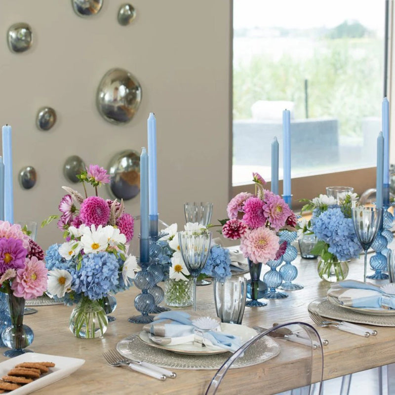 Hand-beaded silver and crystal Bevel Placemats styled on luxury floral table setting.