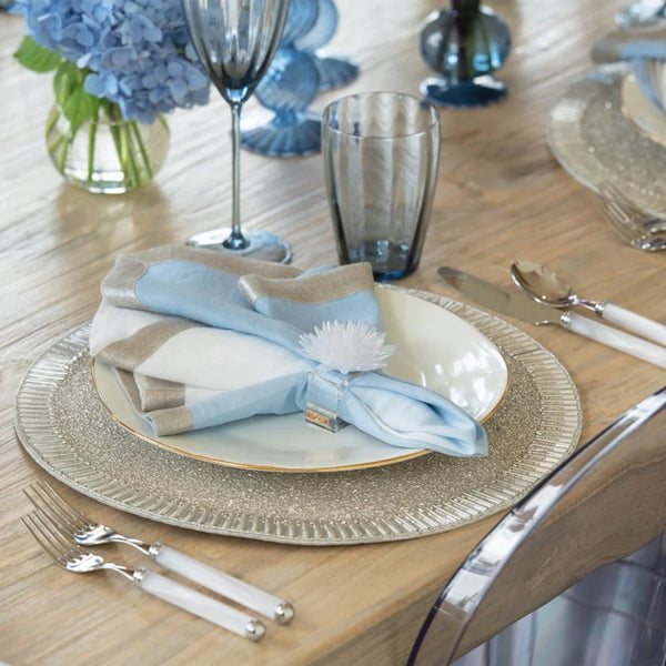 Hand-beaded silver and crystal Bevel Placemats styled on luxury tablescape.