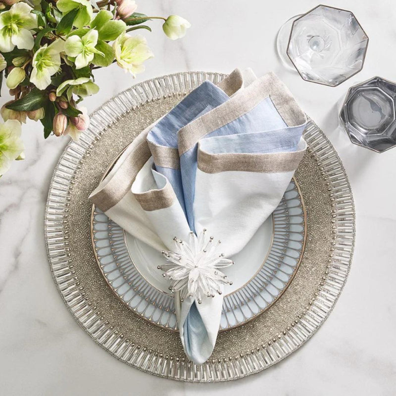 Hand-beaded silver and crystal Bevel Placemats styled with ombre blue napkin.