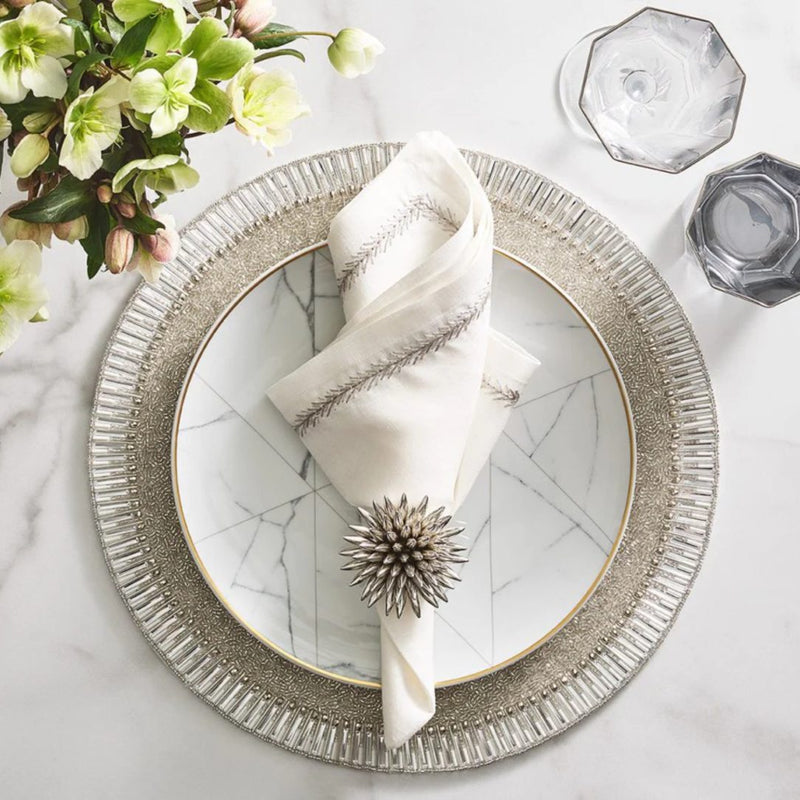 Hand-beaded silver and crystal Bevel Placemats styled with silver napkin ring.