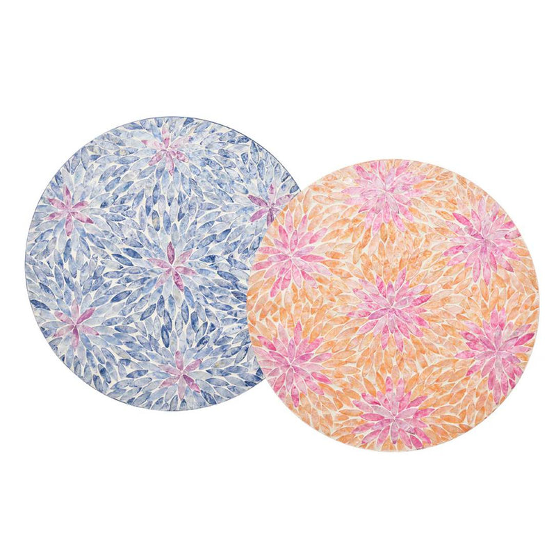 Lilac and periwinkle Capiz shell placemat with ombre floral design by Kim Seybert in two shades.