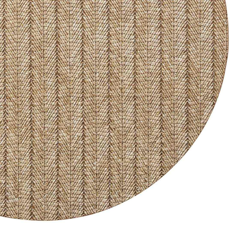 Tan brown herringbone round placemat in woven polyvinyl close-up texture.