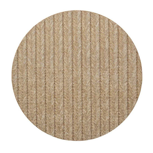 Tan brown herringbone round placemat in woven polyvinyl by Kim Seybert.