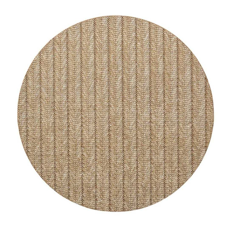 Tan brown herringbone round placemat in woven polyvinyl by Kim Seybert.