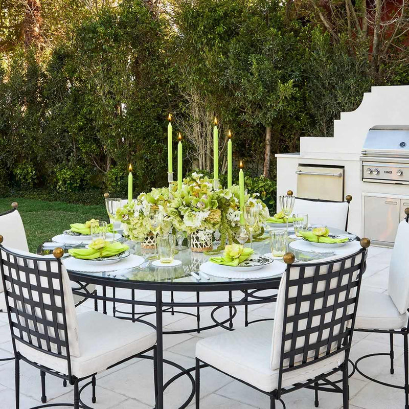 Elegant outdoor table setting with white Lumina beaded placemat 