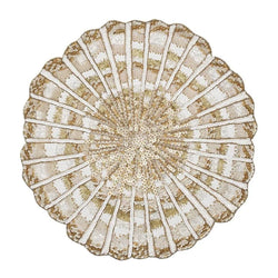 Nautilus placemat in white, gold, and champagne hand-beaded spiral design.