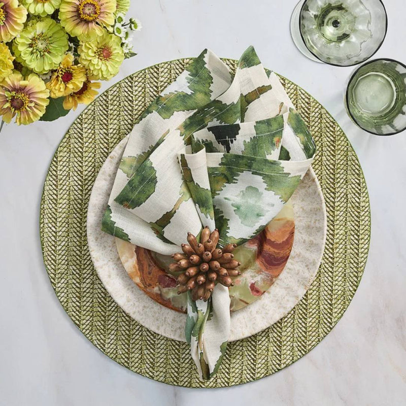Moss green Chevron placemat with textured stitching with tropical green napkin.
