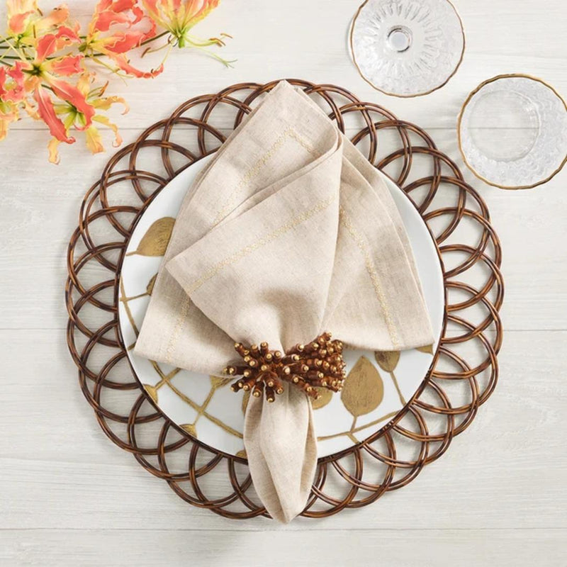 Brown Alfresco placemat by Kim Seybert luxury tableware ith taupe napkin.