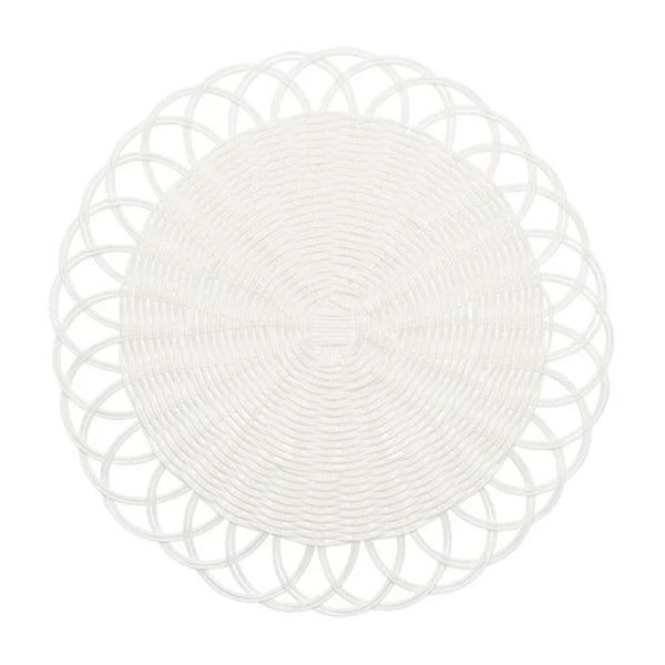 Luxury white faux rattan Alfresco placemat with scalloped edges by Kim Seybert