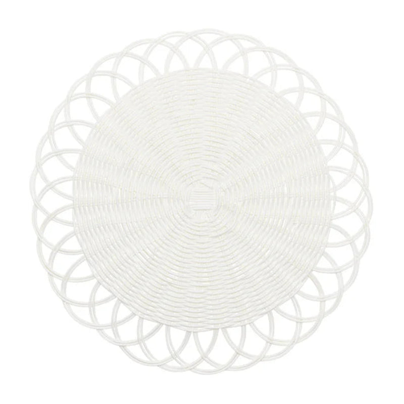 Luxury white faux rattan Alfresco placemat with scalloped edges by Kim Seybert