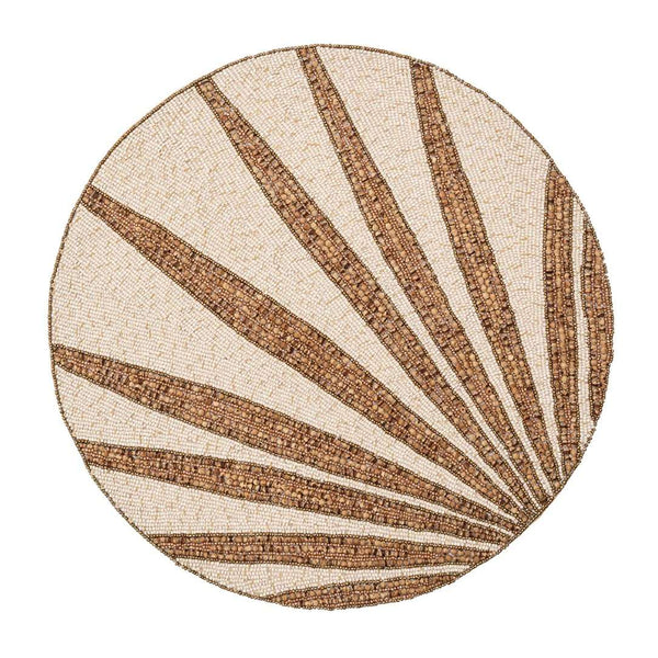 Luxury natural and brown placemat with tropical beaded details.