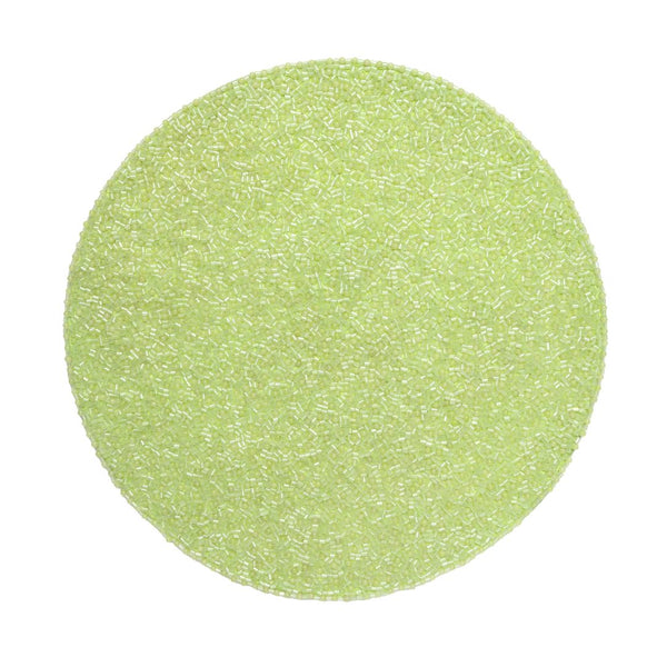 Green hand-beaded placemat with vermicelli pattern by Kim Seybert.