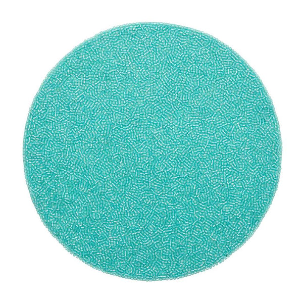 Turquoise placemat with translucent vermicelli beading by Kim Seybert.