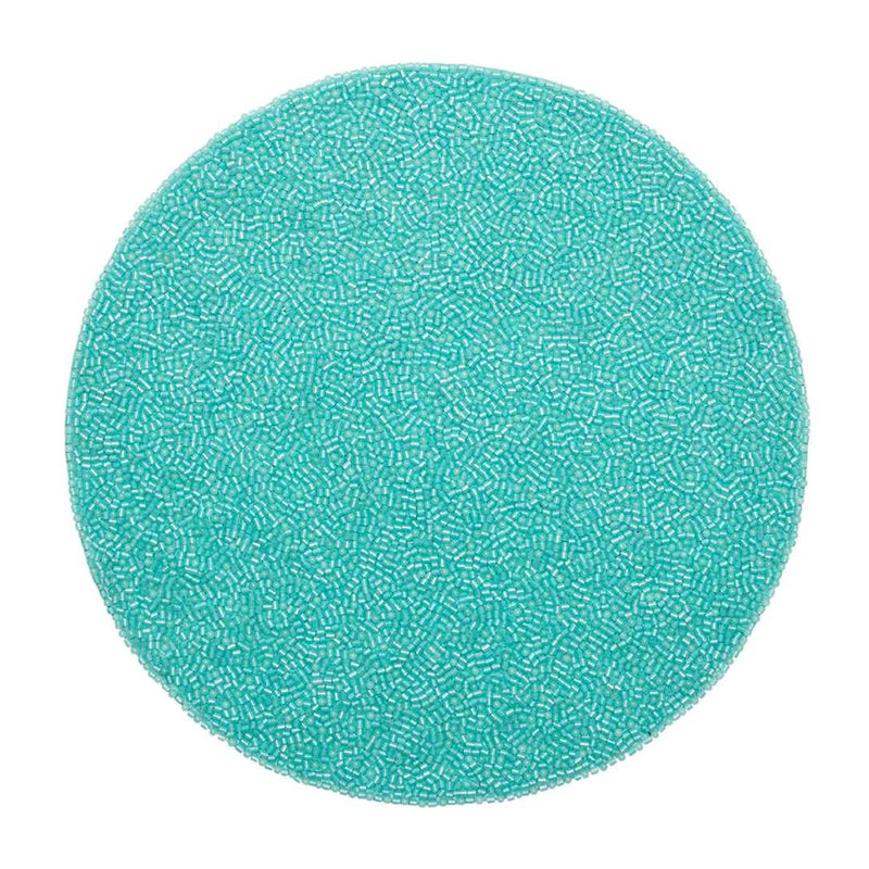 Turquoise placemat with translucent vermicelli beading by Kim Seybert.