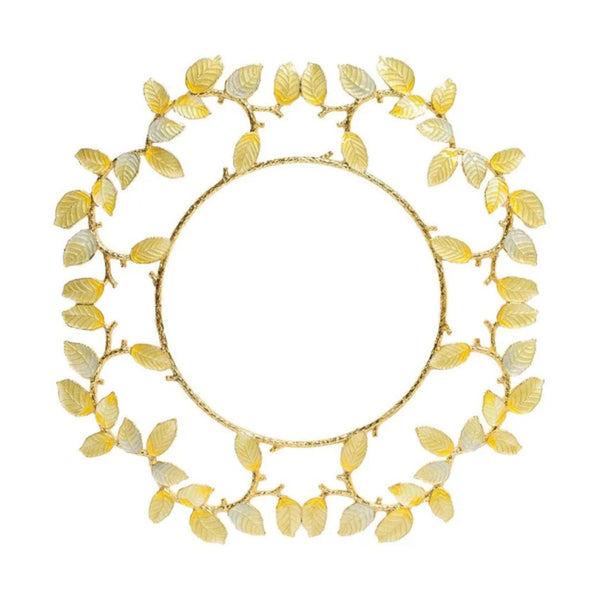 Gold and silver enamel charger with leaf motif by Kim Seybert luxury tableware.