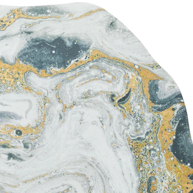 Kim Seybert Cosmos placemat with ivory, gold, and silver marbled design styled close-up.