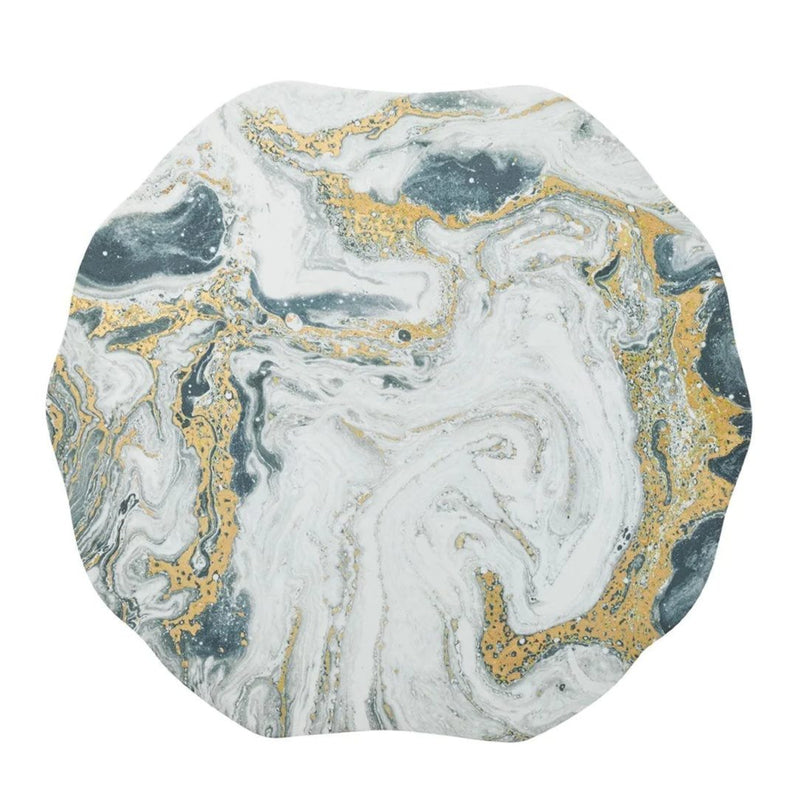 Kim Seybert Cosmos placemat with ivory, gold, and silver marbled design.