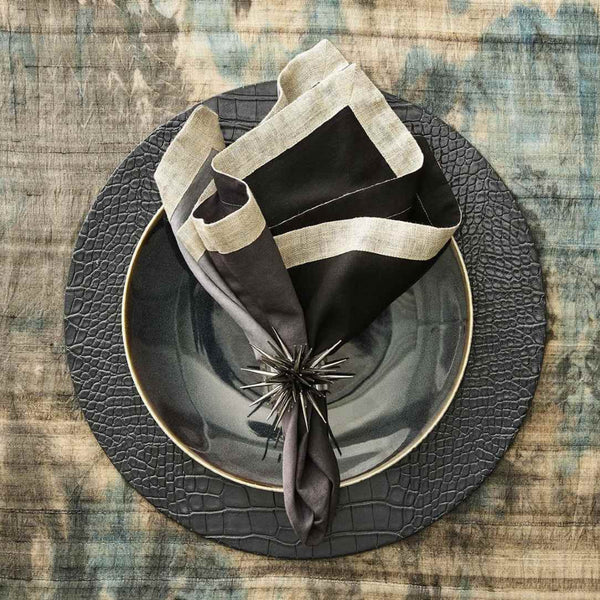 Charcoal black Croco placemat with embossed faux leather texture with black napkin.