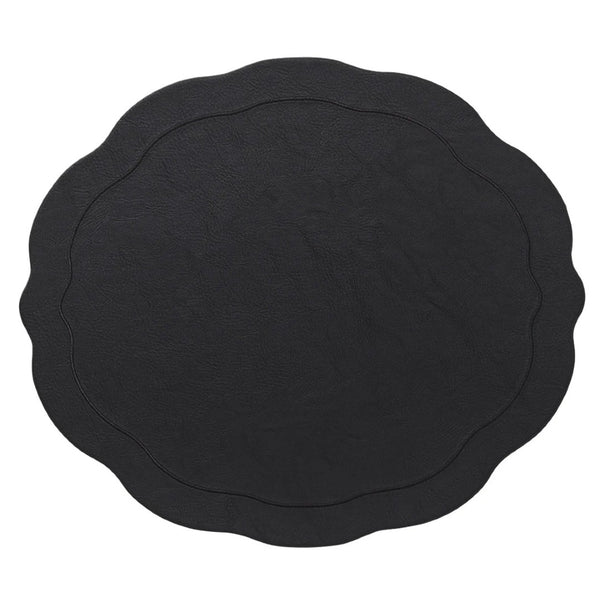 Black oval placemat in matte faux leather with wavy edge and embroidery by Kim Seybert.