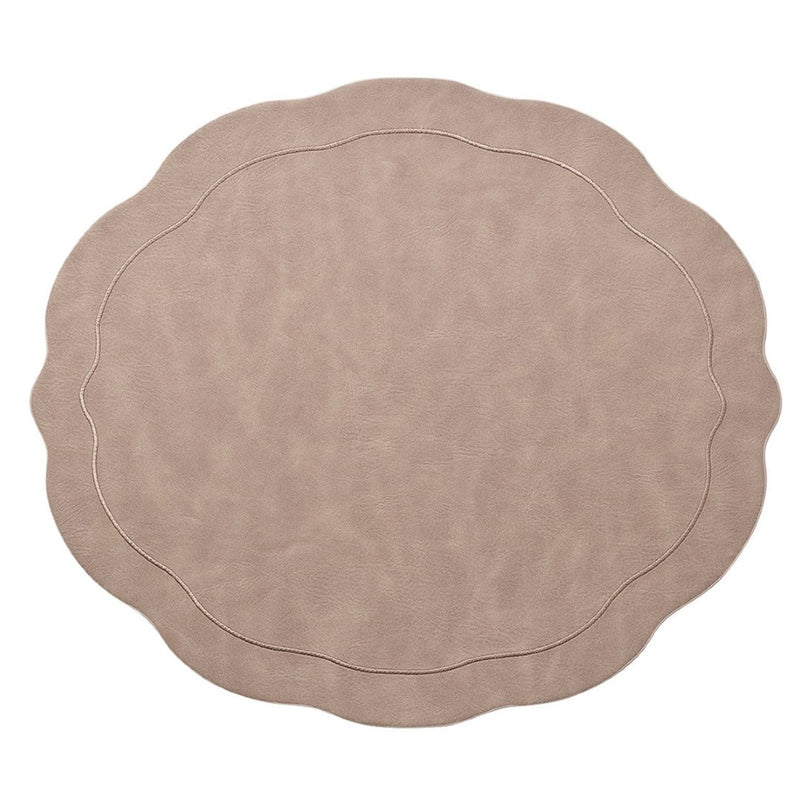 Kim Seybert taupe faux leather oval placemat with wavy edge.