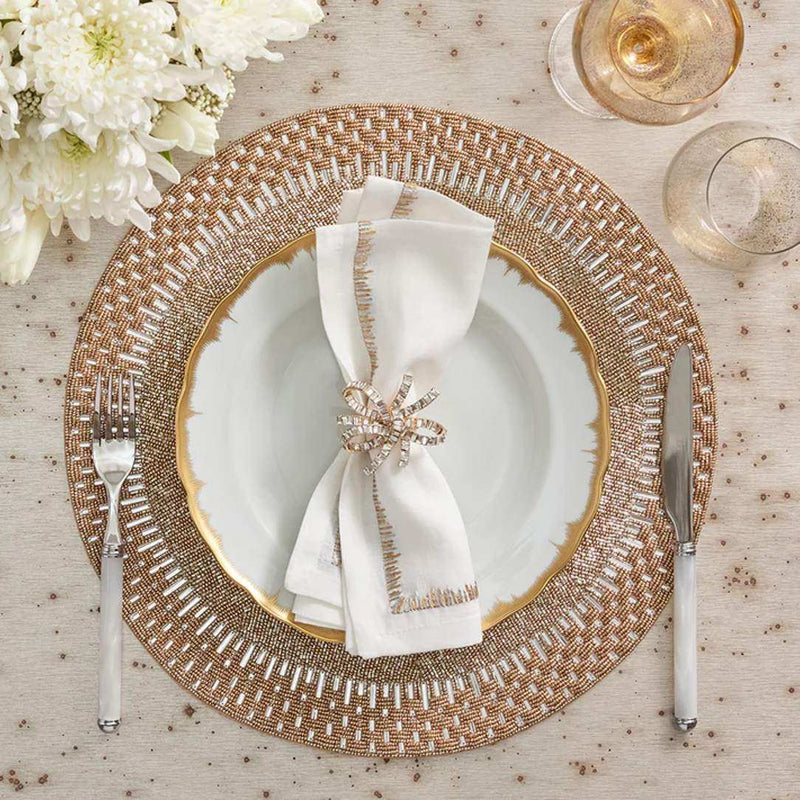 Luxury round placemat in gold and silver beadwork with sparkle napkin ring.