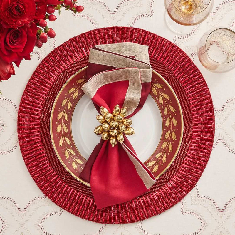 Red Palisade beaded placemat by Kim Seybert with luxury red napkin.