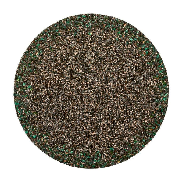 Green and gold beaded placemat with by Kim Seybert.