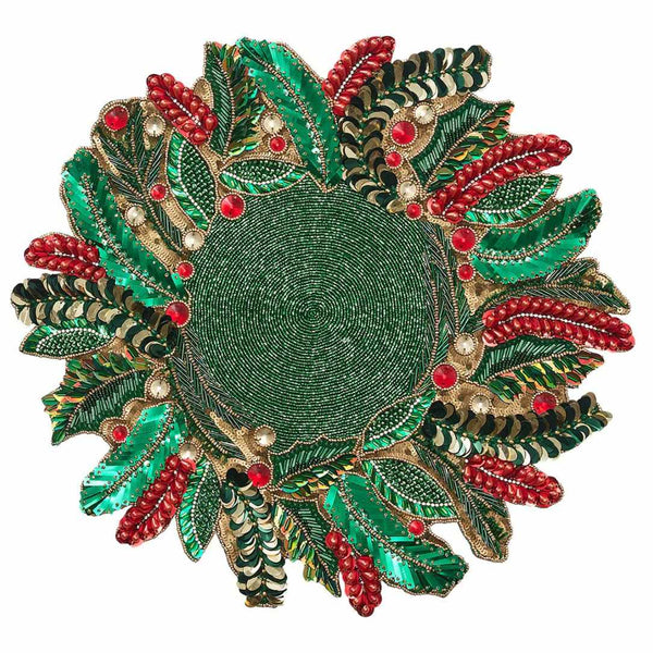 Beaded Christmas placemats with holly in green, red, and gold by Kim Seybert.