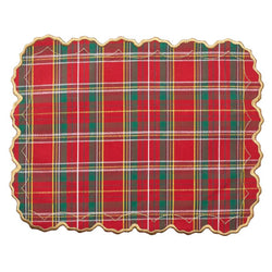 Red tartan placemat with gold embroidered scalloped edge for Christmas tablescapes.