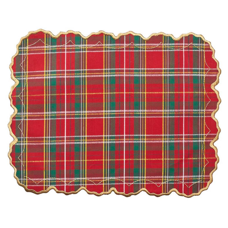 Red tartan placemat with gold embroidered scalloped edge for Christmas tablescapes.