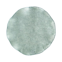 Garza round sage green linen placemat with drawstring hem by Giardino Segreto.
