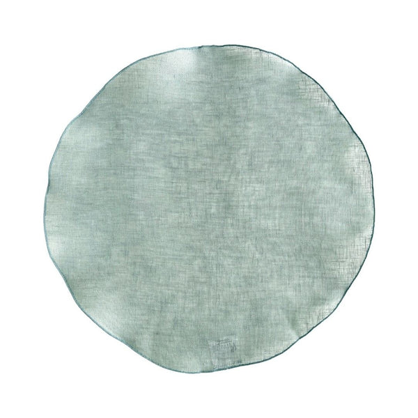 Garza round sage green linen placemat with drawstring hem by Giardino Segreto.