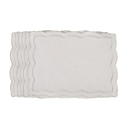 Silver Onde placemat with wave-inspired shape and embroidery by Roseberry Home.