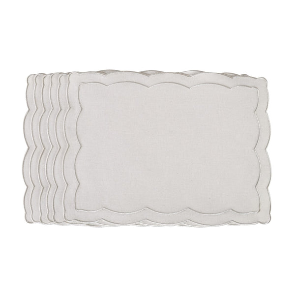 Silver Onde placemat with wave-inspired shape and embroidery by Roseberry Home.