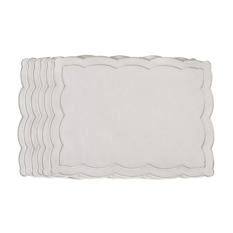 Silver Onde placemat with wave-inspired shape and embroidery by Roseberry Home.