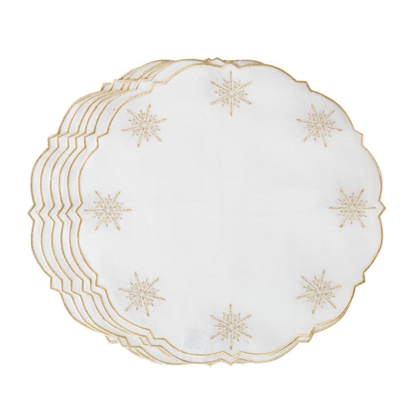 White cotton placemat with gold star embroidery by Roseberry Home luxury tableware.
