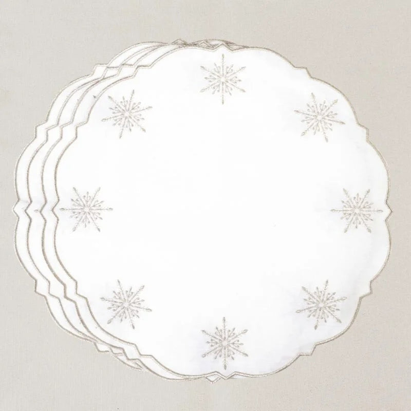 Round cotton placemat with silver star embroidery by Roseberry Home stacked.