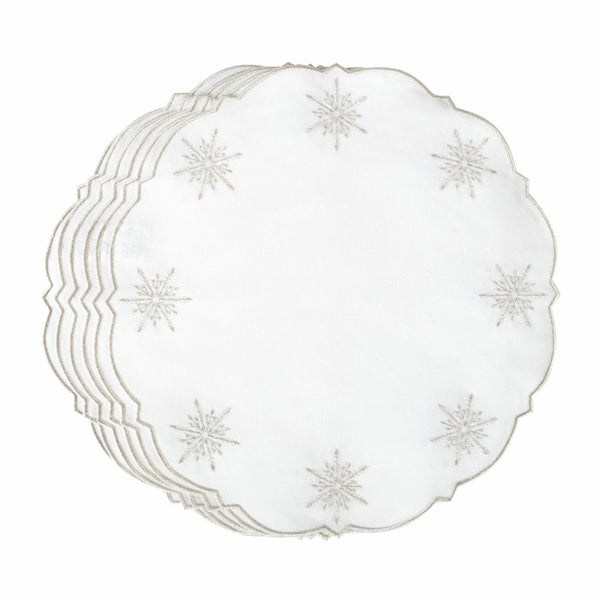 Round cotton placemat with silver star embroidery by Roseberry Home luxury tableware.