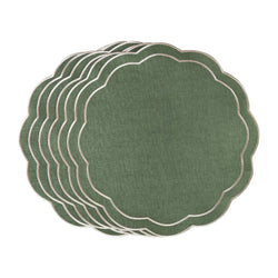 Emerald green embroidered placemats with petal shape by Roseberry Home.
