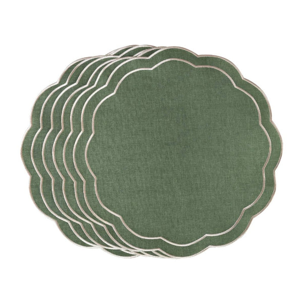 Emerald green embroidered placemats with petal shape by Roseberry Home.