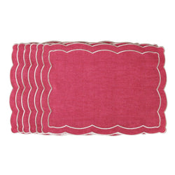 Pink placemat with ecru embroidery and irregular wave border by Roseberry Home.