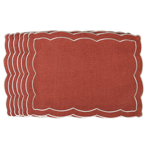 Rust brown cotton placemat with ecru embroidery and wave border by Roseberry Home.