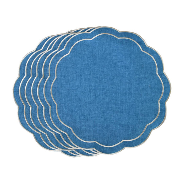 Blue Petali embroidered placemats in Italian fabric by Roseberry Home.