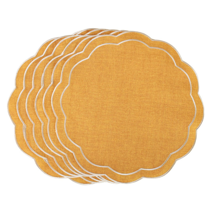 Set of 6 Yellow Petali Embroidered Placemats with wave border by Roseberry Home.