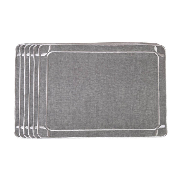 Gray fabric placemat with embroidered dragonfly wings motif by Roseberry Home.