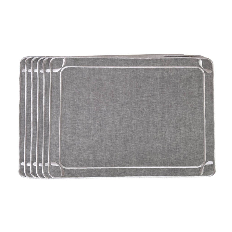 Gray fabric placemat with embroidered dragonfly wings motif by Roseberry Home.