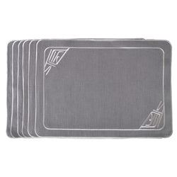 Gray linen placemat embroidered with minalist motif in light gray thread by Roseberry Home.