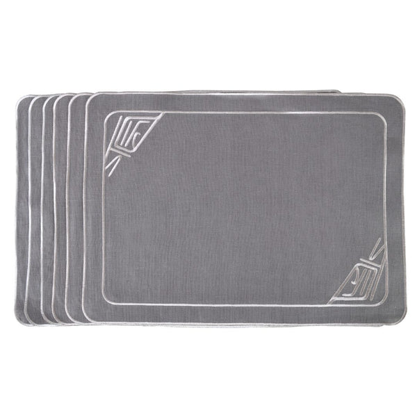 Gray linen placemat embroidered with minalist motif in light gray thread by Roseberry Home.